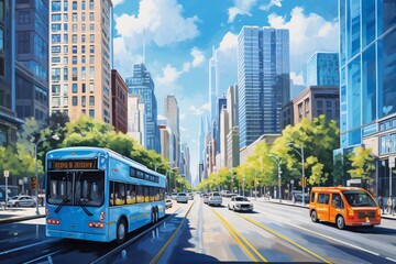 a city street with cars and buses