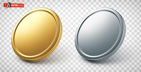 Vector realistic illustration of gold and silver coins on a transparent background. - 747952156