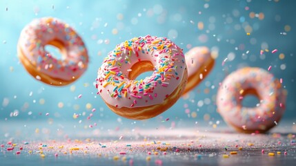 Colorful sprinkled donuts floating in the air on a vibrant blue background, creating a whimsical and delicious scene