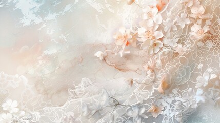 Delicate lacework overlaying soft pastel hues, creating a romantic and ethereal textile design.