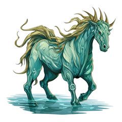 An illustration of a mysterious green horse traversing shallow waters