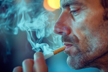 Fototapeta premium Man with cigarette in mouth exhaling smoke through nostrils, portraying a cool and rebellious attitude