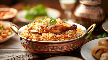 Delicious Iranian biryani meal featuring chicken and rice, served on a table, traditional Food concept.