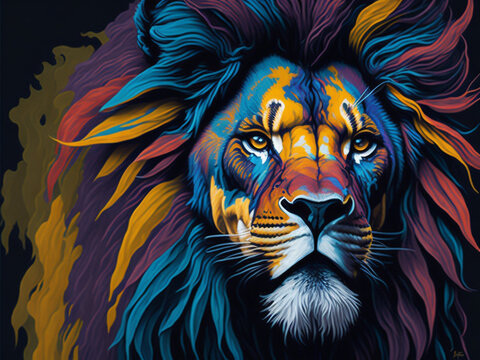 Colorful lion head generative ai. 