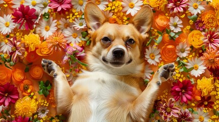 Top view portrait of cute dog laying down on flowers background