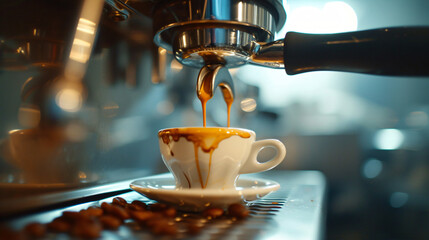 Espresso Machine Makes Fresh Coffee. A Rich - obrazy, fototapety, plakaty