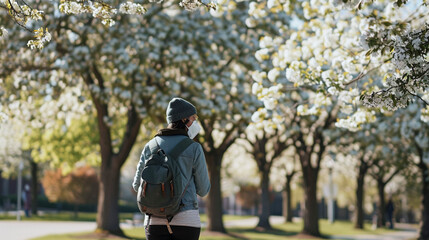 Individual in Mask Avoiding Pollens Among Blossoming Trees