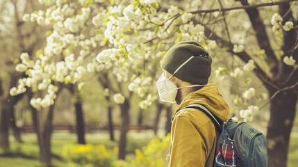 Individual in Mask Avoiding Pollens Among Blossoming Trees