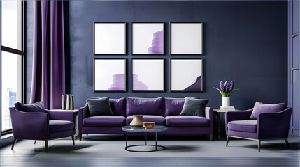 modern living room interior design, purple sofa and armchairs dark blue wall with poster. 