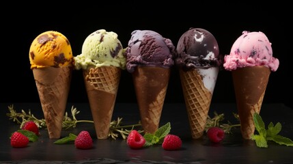 Assorted gourmet italian sorbet ice cream in individual paper cups, top view for concept backgrounds