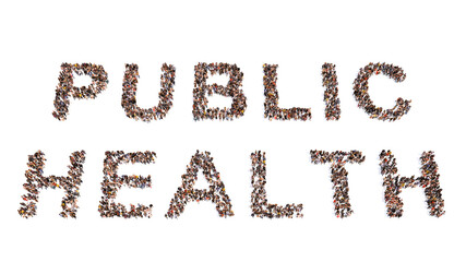 Conceptual large community of people forming the PUBLIC HEALTH message. 3d illustration metaphor for healthcare, diseases and mental disorder,  medical treatment for everybody no matter the income