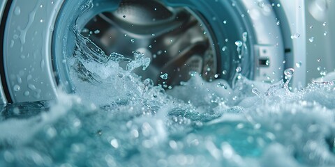 Fresh water entering the washing machine drum, creating soapy splashes: laundry concept. Concept Laundry Day, Washing Machine, Soapy Splashes, Fresh Water, Laundry Concept