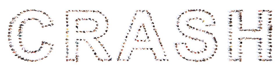 Concept or conceptual large community of people forming the word CRASH. 3d illustration metaphor for economic and financial crisis, inflation, unemployment, bankruptcy, higher debts and poverty