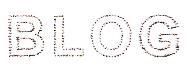 Concept or conceptual large community of people forming the word BLOG. 3d illustration metaphor for social media, online writing, creativity,  technology, marketing, connection and communication
