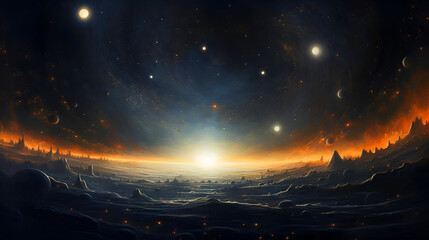 Fantasy alien planet. Mountain and nebula. 3D illustration - obrazy, fototapety, plakaty
