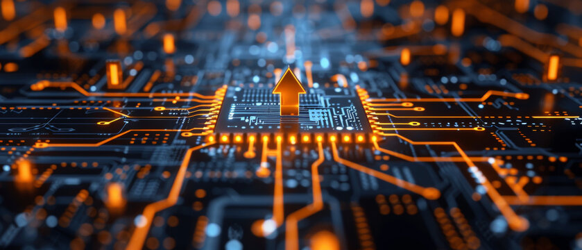 a computer circuit board with some arrows pointing forward and up