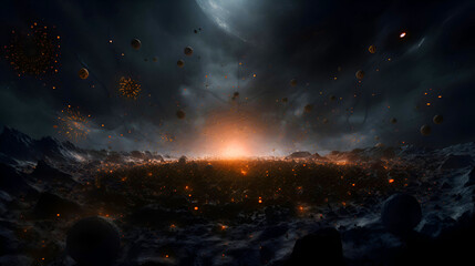 Cosmic landscape with planet and stars. 3d render illustration.
