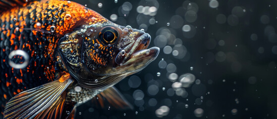 Close-up of a fish under water shimmering scales - obrazy, fototapety, plakaty