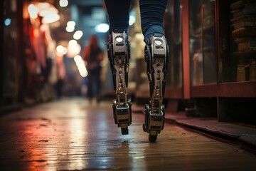 Disabled young man with prosthetic legs walking in the street - obrazy, fototapety, plakaty
