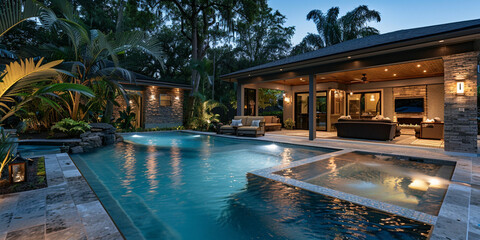 pool at night, Moderna piscina con una casa o un hotel di notte con le luci lampeggianti intorno alla zona. 