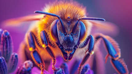 Super close-up of a honeybee on lavender vibrant colors
