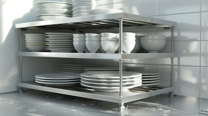  a shelf with clean dishes in a modern kitchen
