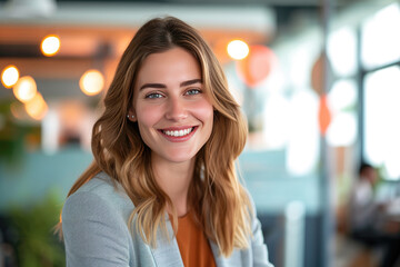 Beautiful young businesswoman with a bright smile in smart casual attire at a creative workspace