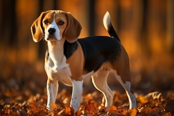 Happy Beagle take a walk in the park with human