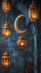 Obraz premium ramadan islamic greeting card of crescent moon decoration and lanterns with copy space area banner