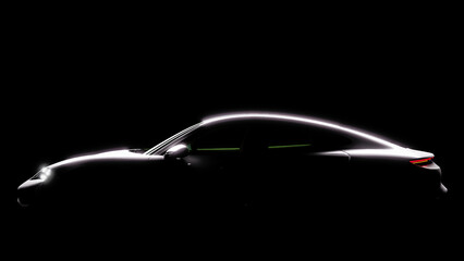 Silhouette of black sports car with headlights on black background, photorealistic 3d illustration...