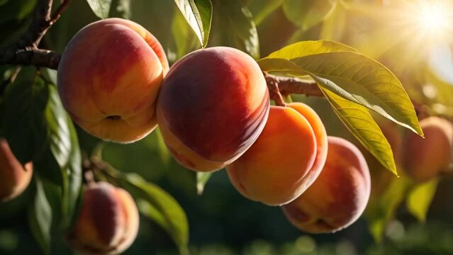 ripe peaches on a branch in the garden