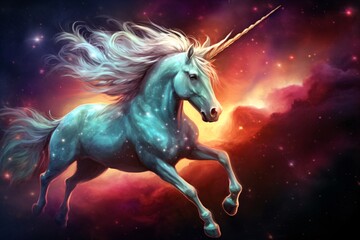 a unicorn with a horn and mane running in the sky