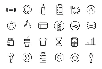 Food & Nutrition line icons related to wellness, wellbeing, mental health, healthcare, cosmetics, spa, medical. Outline icon collection.