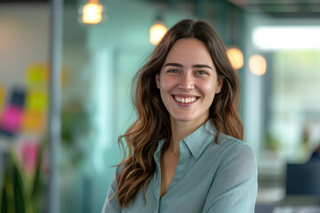 Obraz premium Beautiful young businesswoman with a bright smile in smart casual attire at a creative workspace