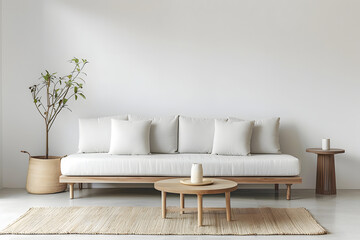modern minimalist living room, trendy white wall color, interior design, color palette