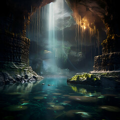 Fantasy alien planet. Mountain lake. 3d illustration. Fantasy world.