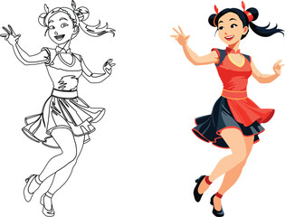 drawings of Asian female figures dancing-
