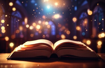 Holy bible book with glowing lights in church - obrazy, fototapety, plakaty