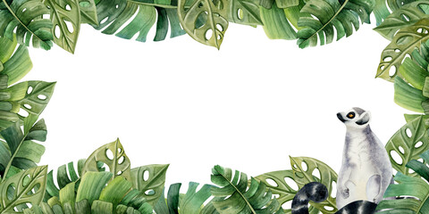 Tropical horizontal banner template with palm leaves and ring tailed lemur monkey. Summer frame watercolor illustration with copy space for text isolated on white background