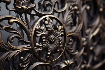 A close-up of a decorative wrought iron gate, showcasing intricate patterns and craftsmanship.

