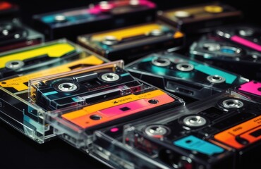 Old audio tape compact cassette on black background - obrazy, fototapety, plakaty