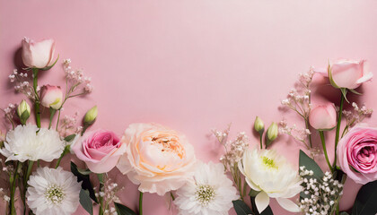 Beautiful flowers and leaves on pink background copy space. Floral border, Nature and summer plants