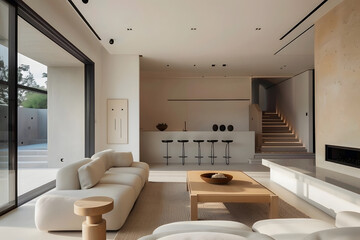modern minimalist living room, trendy beige wall color, interior design, color palette