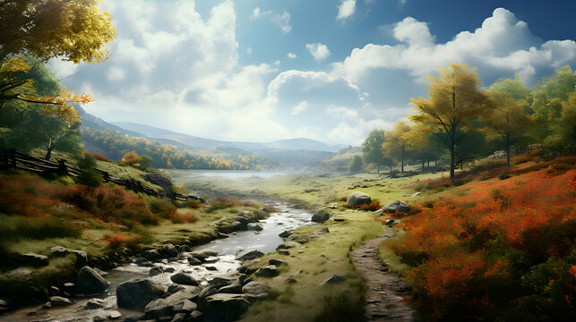Beautiful autumn landscape with mountain river and colorful forest. Digital painting