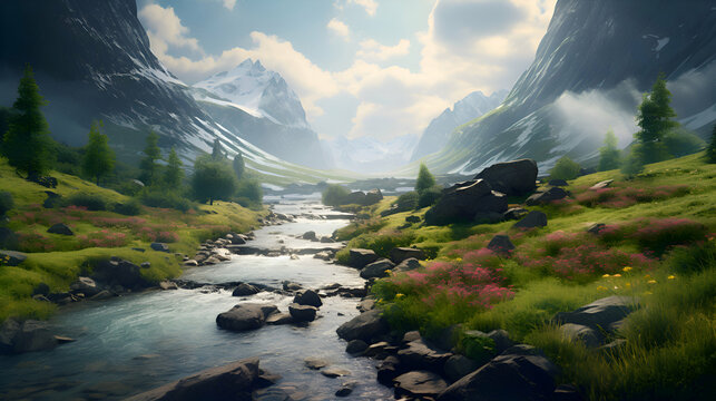 Mountain landscape with a stream in the foreground. 3d render