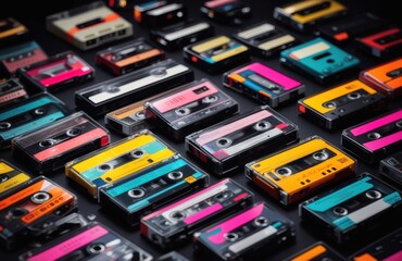 Old audio tape compact cassette on black background - obrazy, fototapety, plakaty