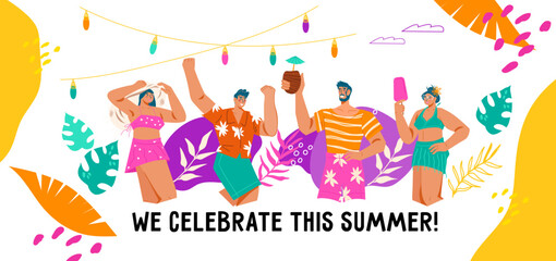 Summer vacation and pool party banner. Summer beach vibes and travel concept with people characters, flat vector illustration isolated.