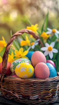Colorful easter eggs in a basket with daffodils