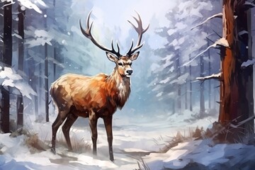 a deer in a snowy forest