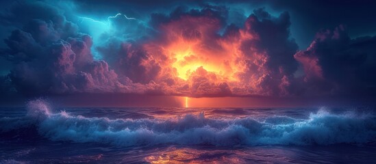 View of a tropical storm with strong and dangerous lightning strikes on a cloudy sky and stormy sea - obrazy, fototapety, plakaty
